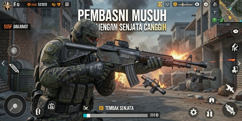 Antarmuka 555F menampilkan grafik menakjubkan dari aksi tembak menembak.