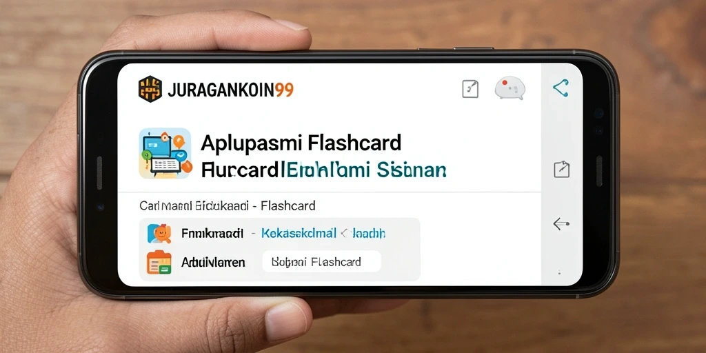 Screenshot antarmuka aplikasi JURAGANKOIN99 menunjukkan fitur flashcard untuk belajar.